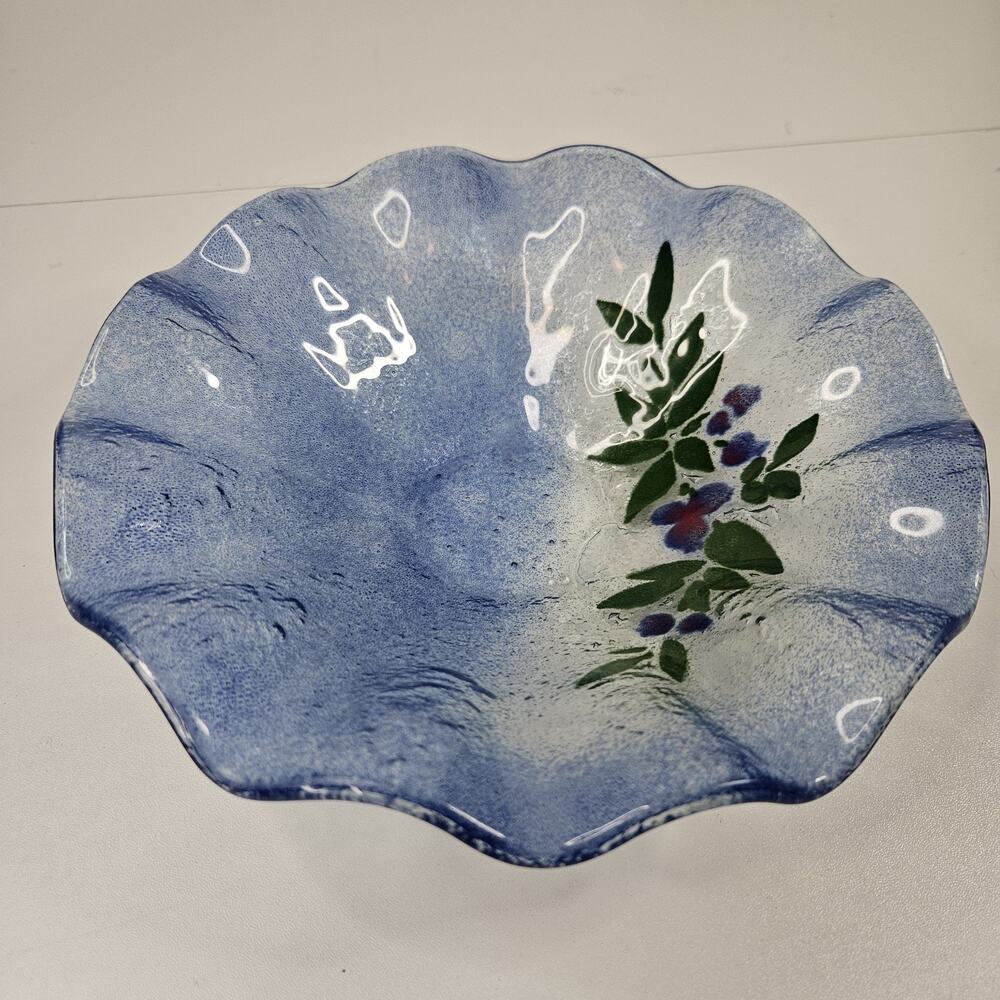 VINTAGE Hand Made Flower Pattern Fused Glass Textured Bowl Dish Ruffled Edge